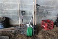2 shovels, cattle paddle, post hole digger, mulch