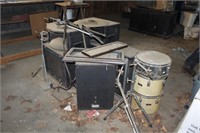musical lot, drums. cymbles, speakers and guitar a