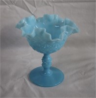 Blue milk glass pedestal candy dish ruffle-edged