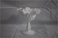 Milk glass ruffle-edge pedestal candy dish 6" H
