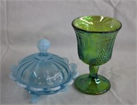 Footed covered dish and carnival glass goblet