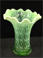 Green Opalescent Fern Pattern Ruffle Vase.  7in.H