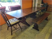 Ethan Allen Harvest table w/2leaves, 2benches a
