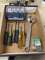 Box with nut driver set crescent wrench and