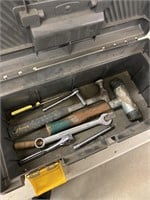 Rubbermaid toolbox with hammers hatchet and other