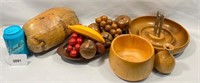 Wood Fruit & Bowl, Nut Bowl w/Tools & Coconut