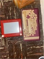 Vintage Etch-a-Sketch and scrabble