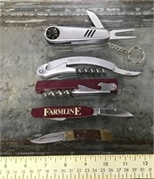 Folding knife, corkscrews, golf tool