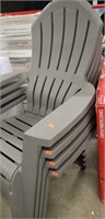 5 gray plastic chairs. 1 has a crack in the front