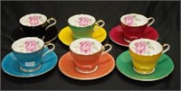 Six Aynsley harlequin rose coffee cups & saucers