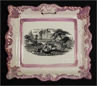 Antique Sunderland ware pink lustre wall plaque