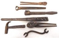 lot of 7 bolt header, tongs, wrench others