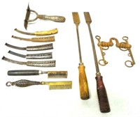 11 hoof knives, broom maker's comb, hoof file