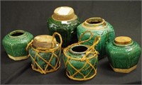 Six green glazed Chinese pottery ginger jars