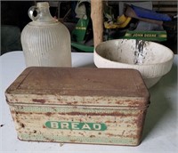 Crock Bowl, Bread Box & Glass Jug
