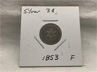 NICE 1853 SILVER UNITED STATES 3 CENT PIECE F
