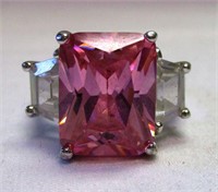 Sterling & Large Pink Crystal/CZ Fashion Ring