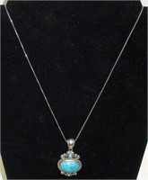 18" Sterling Necklace & Signed Turquoise Pendant