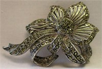 Sterling Silver & Rhinestone Ribbon/Flower Brooch