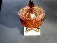 Fancy Amber Glass Lidded Compote Resting on