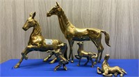 2 X SMALL & 3 X LARGE BRASS HORSE ORNAMENTS