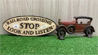VINTAGE CAR PLAQUE AND RAILWAY CROSSING SIGN