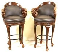 PAIR OF CARVED & GILDED LEATHER BARSTOOLS