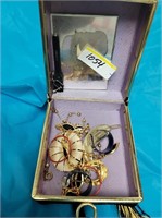 BLACK BOX WITH EAR RINGS, NECKLACE & MISC JEWERLY