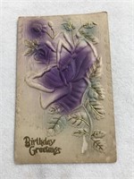 Birthday greetings postcard embossed purple flower