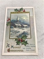A merry Christmas postcard with church scene