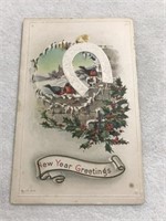 New year greetings with birds and Holly postcard