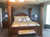 King size 4 poster complete bed w/ bedding  - NO