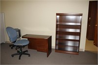 Five shelf bookcase, partial three drawer office d