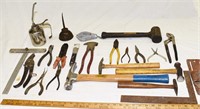 LOT - TOOLS, HAMMERS, PLIERS, OIL CANS, ETC.