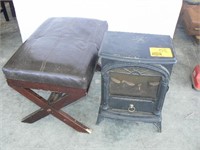 LEATHER OTTOMAN, SMALL ELECTRIC FIREPLACE