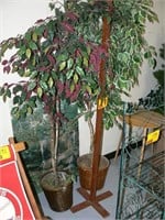 2 ARTIFICIAL FICUS TREES, WOODEN HALL TREE,