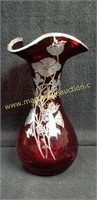 Vintage Ruby Red Vase w Sterling Flowers