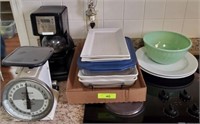 TRAY- CASSAROLE DISHES, SCALE, COFFEE MAKERS,