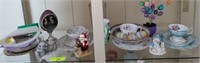 SHELF LOT- MISC CUPS, SAUCERS,  DECOR, FIGURINES