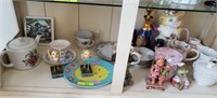 SHELF LOT- RABBITS, TEA POTS, CANISTERS, MISC