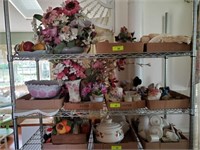 SHELF LOT- FLORAL, DECOR, FIGURINES, MISC