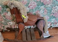VINTAGE WOODEN ROCKING HORSE WITH LEATHER SEAT