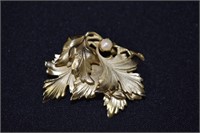 Gold Tone Leaf with Faux Pearl Brooch