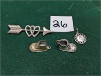 Sterling Arrow  Brooch  Pin & Charms