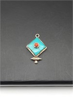 Vtg Sterling Silver Turquoise & Coral Atomic Penda