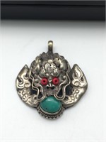 Antique Sterling Turquoise & Coral Dragon Pendant