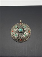 Antique Tibet Silver Turquoise & Coral Round Penda