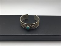 Vtg Thick Tibet Silver Turquoise Cuff Bracelet
