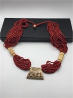 Vintage Carved Bone Ivory & Coral Long Necklace