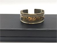 Vtg Copper & Brass Tibetan Symbol Cuff Bracelet